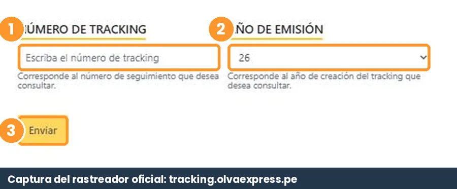 Rastreador oficial de Olva Courier: número de tracking y año de emisión